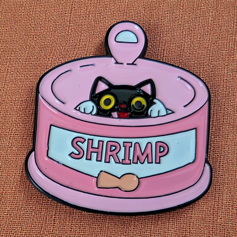 Pink Shrimp Cat Enamel Pin - Cute Kitten in a Can